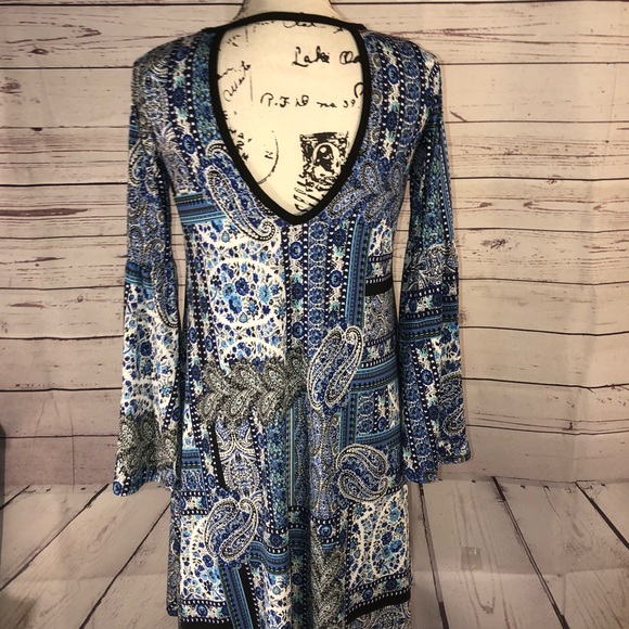 Lavanya Size S Tunic Dress With Bell Sleeves Patchwork Print Stretch Keyhole - Picture 5 of 7